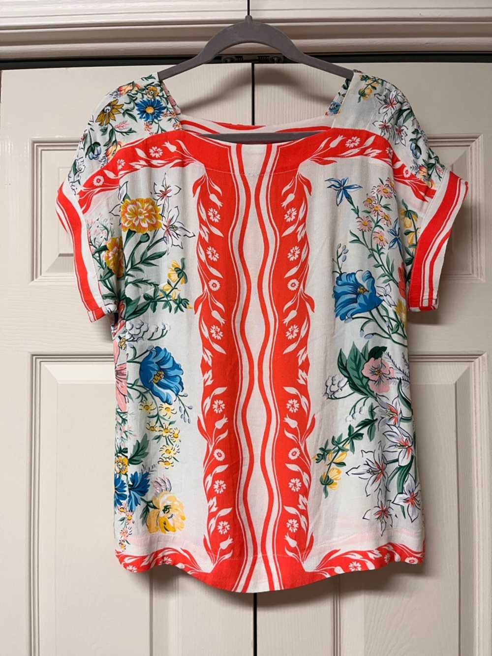 Floral Stripe Short-Sleeve Top in Coral and White